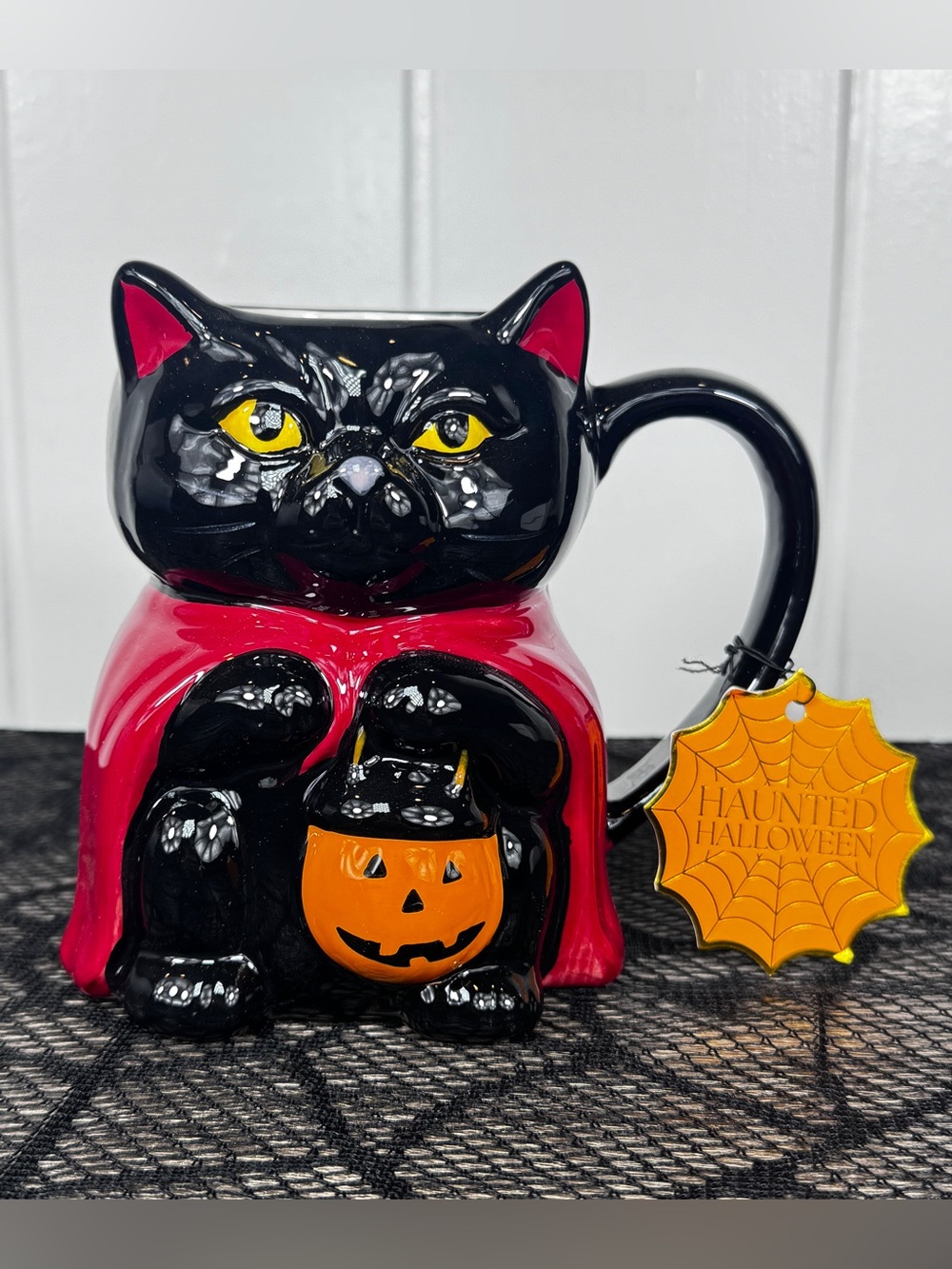 NEW Haunted Halloween Black Cat In a Cape Mug